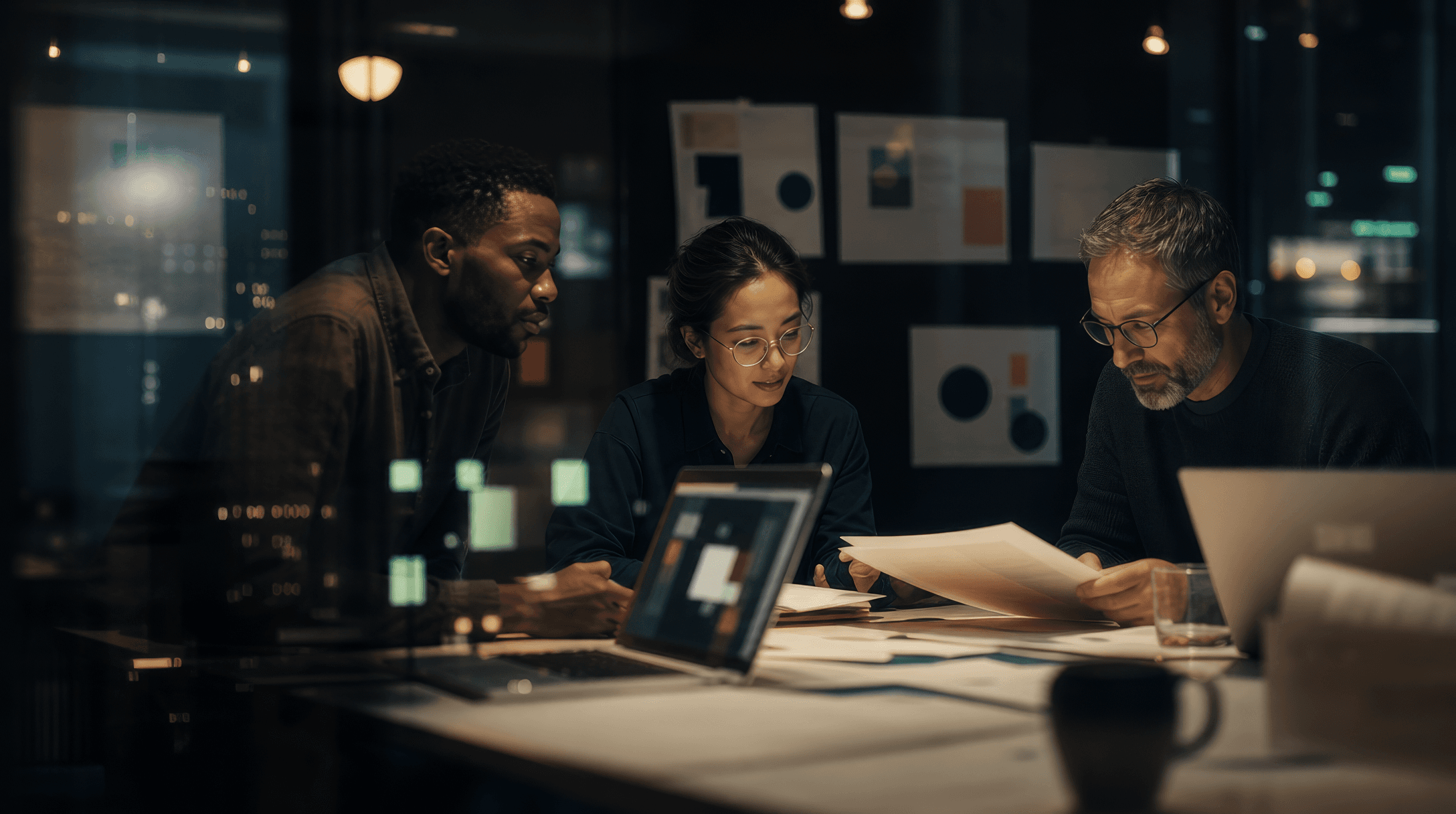 Experts reviewing workshop notes together in a dark professional room